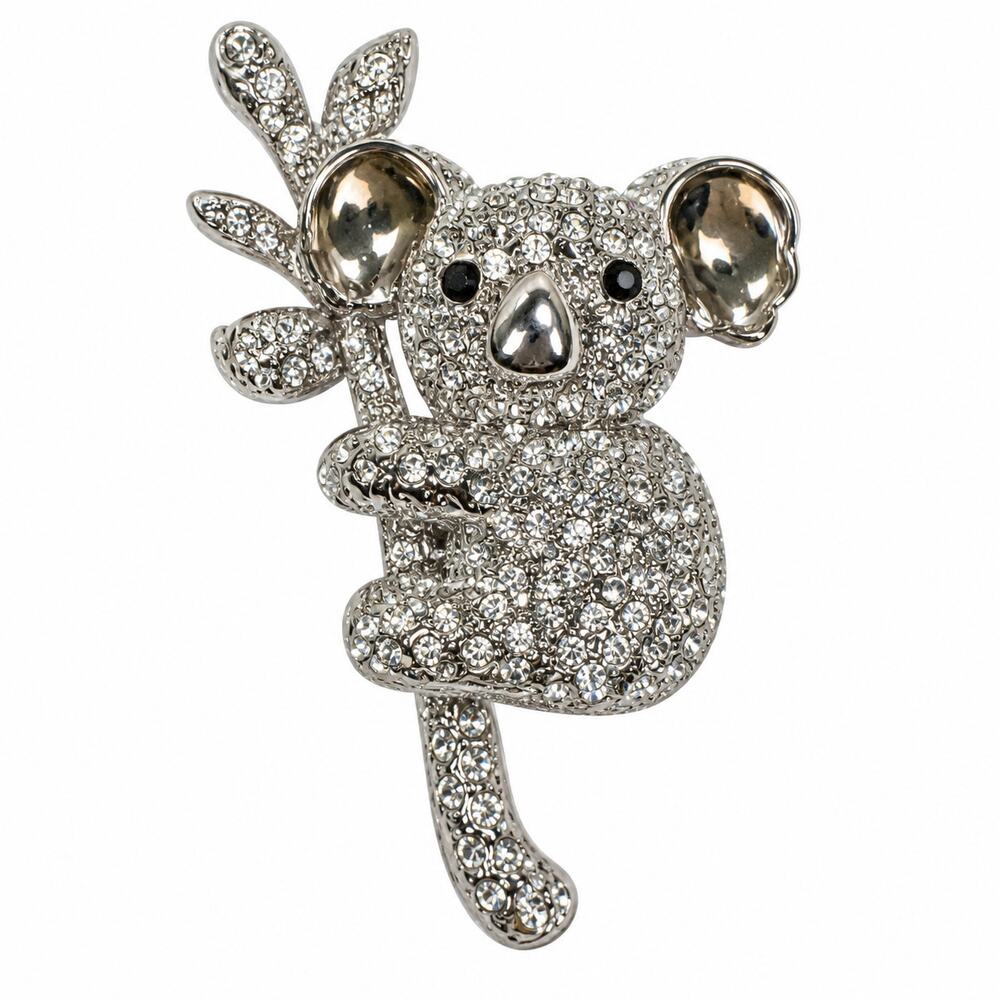 Koala Brooch Pin Rhinestone Silver Tone Tree Branch Animal Jewelry Gift CP179